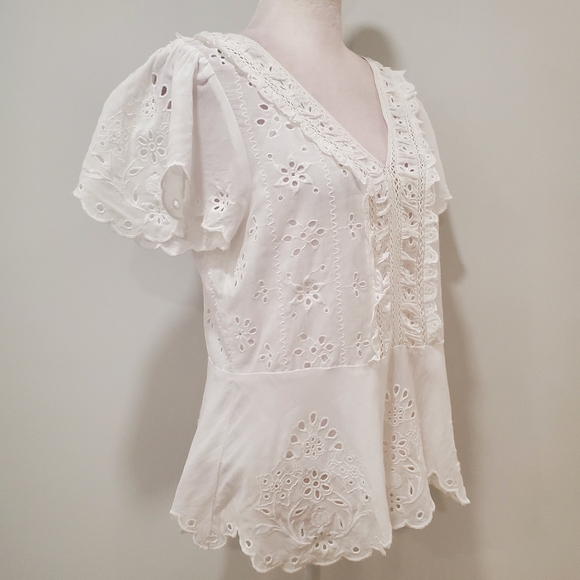 Johnny Was Jade Elizabeth white cotton embroidered eyelet peplum top S NWT - Picture 4 of 13